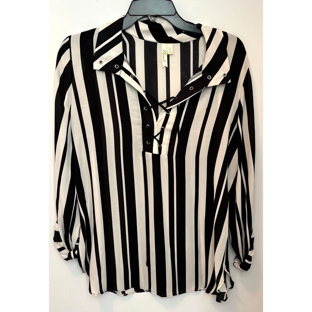 Chenault Black White Striped Blouse Women’s Large Lace Up Neck Long Sleeve Top